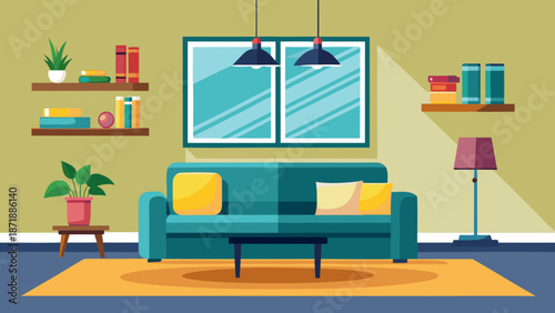 Cozy living room with blue sofa Vector