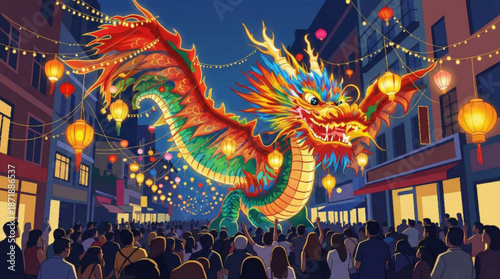 Vector illustration : vibrant colorful dragon parade, traditional festival, crowd of people, chinatown, city street, night - Chinese New Year festive, Lunar celebration, culture, oriental 