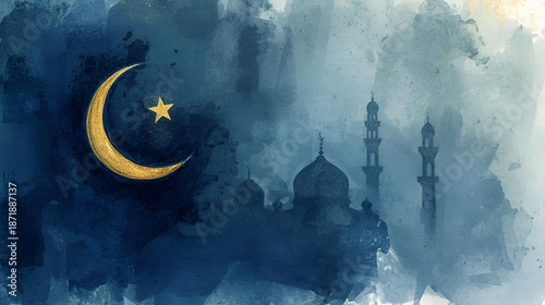 Serene Nightscape: Watercolor Depiction of a Crescent Moon, Star, and Mosque Silhouettes in a Dreamy, Atmospheric Blue