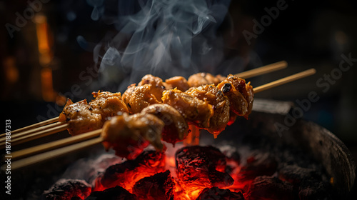 Sizzling Indonesian Satay: Close-up of Grilled Chicken Skewers Above Burning Coals, Releasing Flavorful Smoke, Ready to be Enjoyed.