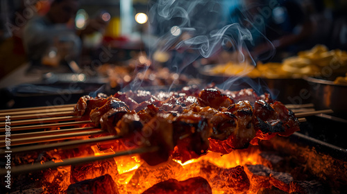 A Culinary Symphony of Smoke and Flavor: Close-Up of Sizzling Skewered Meat Grilling Over Ember Coals, Evoking the Warmth and Aroma of a Lively Street Food Scene