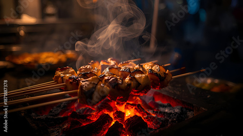 Close-up of Delicious Grilled Skewers Over Burning Coals, Emitting Smoke, Capturing the Essence of Street Food