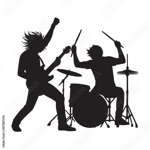 Energetic Rock Band Silhouette with Guitarist and Drummer