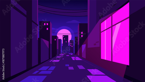 A futuristic cyberpunk city street at dusk vector illustration with neon lights and buildings