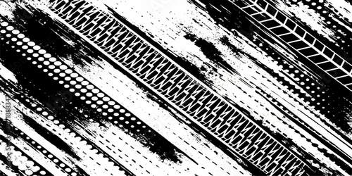 An abstract black and white grunge background features a dirty ink texture and old tire track pattern with a brush paint border for a vector art design element