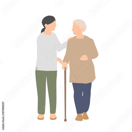 見守りながら一緒に歩く高齢者と女性のイラスト