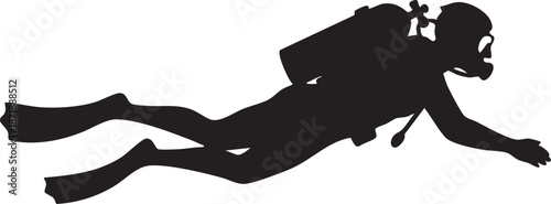 Scuba Diver Fully Geared with Tank and Long Fins Swimming Silhouettes isolated on white background