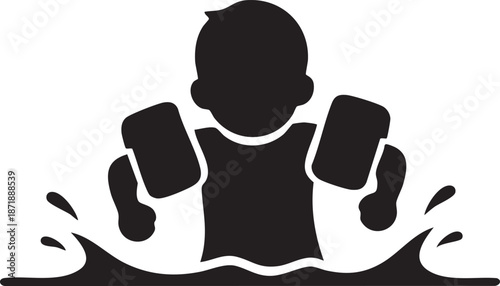 Small Child Learning to Swim with Inflatable Armbands Splashing Silhouettes isolated on white background