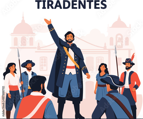 Illustration of a man in a blue coat leading a group of people in historical attire on Tiradentes Day in Brazil, with a cityscape background. Perfect for history, educational materials, and