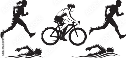 Triathlon athletes in motion, cycling and running silhouettes