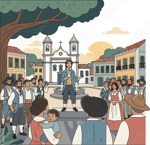 A man in colonial attire stands on a pedestal addressing a crowd in a historic Brazilian town square on Tiradentes Day Brazil. Perfect for history, education, and cultural presentations.