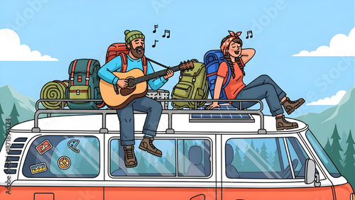 Backpacking Hikers Playing Guitar on Van Roof Road Trip Vector