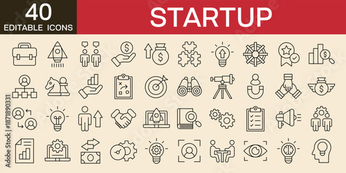 Startup icon set , new business icons vector illustration icon with icons of startup, innovation, business plan, investment, launch, funding, investor, entrepreneurship, and more. editable stroke line