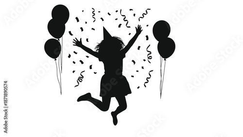 of a joyful girl jumping with balloons and confetti white with party and celebration and happy and illustration Silhouette vector on whit Background