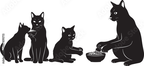 Black cats eating and interacting with each other