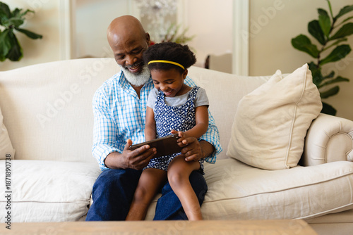 Bild auf Leinwand African american grandfather and granddaughter using digital tablet sitting on c
