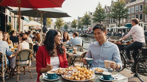 Couple Enjoying a Delightful Outdoor Meal by the Canal in Amsterdam.