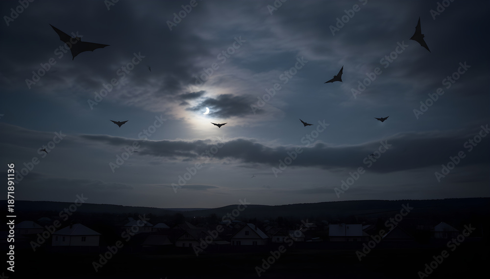 Fototapeta premium Bats flying over village during partial solar eclipse