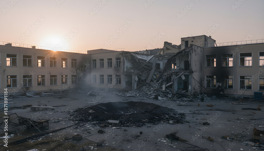 Obraz premium Destroyed building with impact crater and smoke at sunset