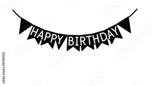 Black and white happy birthday banner with triangular flags a string white with illustration and celebration Silhouette vector on whit Background