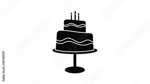 Black of a two tiered birthday cake with wavy white frosting lines and three candles top standing a pedestal Silhouette vector on whit Background