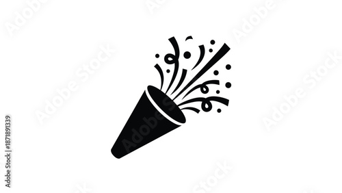 A black of a party horn with confetti and streamers a white white with celebration and birthday and festival Silhouette vector on whit Background