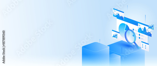 Stock market isometric of financial dashboard data analysis with magnifying glass, and financial metrics concept in banner web.