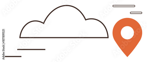 Cloud computing, GPS navigation, data storage, location services, connectivity, technology applications. Cloud shape beside a location pin. Cloud computing and GPS navigation concept
