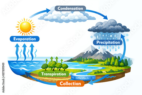 Illustrated Water Cycle Diagram Showing Evaporation Condensation Precipitation and Collection
