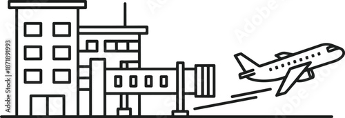 Airplane Taking Off From Airport Terminal With Jet Bridge.