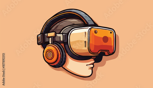 Person Wearing VR Headset with Headphones in Cartoon Style.