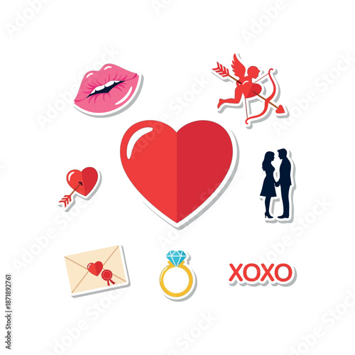 Co Page Elements Illustrating Love and Romance with Heart Symbols and Couple Icons