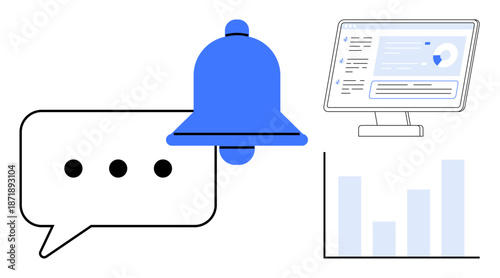 Notifications, alerts, analytics, productivity, communication, and reminders. Bell icon, chat bubble with dots and computer screen with data charts. Notifications and analytics concept