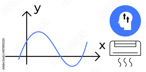 Data visualization. Illustration linking climate control systems, line graph trends, and human cognitive behavior for statistical analysis, AI development, technology interface. For analytics