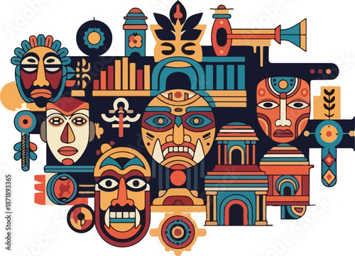 Collection of Colorful Tribal Masks and Symbols.