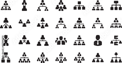 Collection of business team and communication icons in black on white background