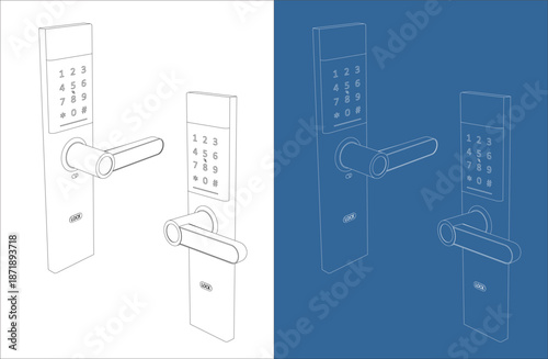 Isometric Smart Door Lock Technical Drawing with Keypad and Handle Wireframe