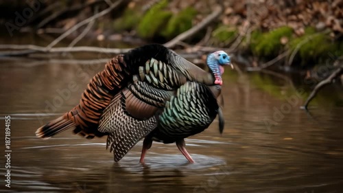 Turkey wading in shallow water, mossy bank, natural, muted colors
