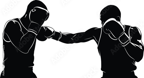 Black and white silhouette graphic illustration capturing two boxers engaged in a fierce spar with one delivering a powerful straight punch toward the opponent