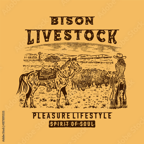 farm illustration bison graphic horse design cowgirls badge rodeo vintage
