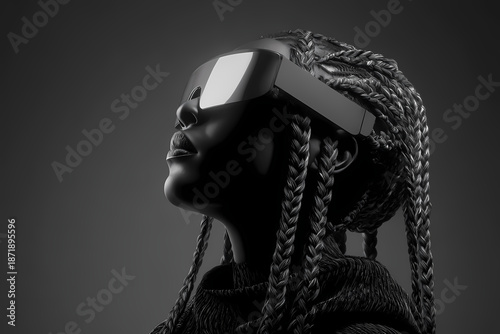 Portrait futuriste en noir et blanc d’une femme portant un casque de réalité virtuelle, esthétique cyberpunk et technologie immersive