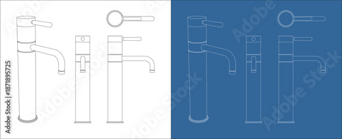 Tall Vessel Basin Mixer Tap Technical Drawing Blueprint for Bathroom Vanity Sink