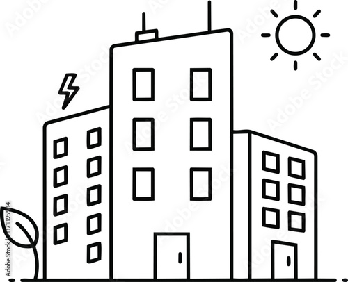 Modern Eco-Friendly Buildings with Sustainable Energy Symbols.