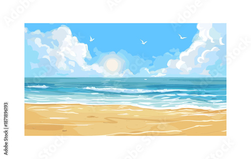 Serene Beach Scene Illustration with Golden Sunlight