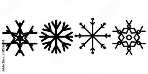 Minimal black snowflake icon set featuring various winter crystal shapes. Clean vector style suitable for seasonal design holiday graphics stickers UI icons prints and decorative elements