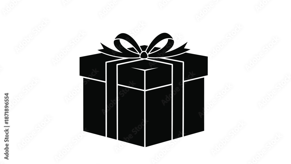 Fototapeta premium Black gift box with white lines and ribbon top white with present and package and icon and graphic and illustration Silhouette vector on whit Background