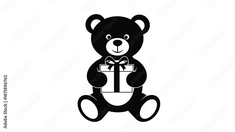 Obraz premium Black teddy bear holding a gift box with ribbon white white with icon and graphic and illustration and present Silhouette vector on whit Background