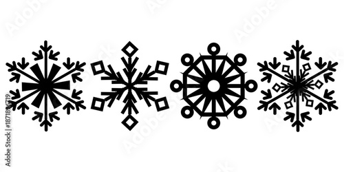 Minimal black snowflake icon set featuring various winter crystal shapes. Clean vector style suitable for seasonal design holiday graphics stickers UI icons prints and decorative elements