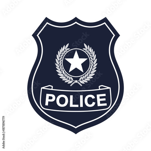 A white star within a laurel wreath adorns a dark blue police shield