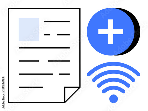 Online file sharing. Digital document with a wireless signal and plus symbol for uploading or sharing files. Online file sharing boosts collaboration and remote access tools. Great for cloud